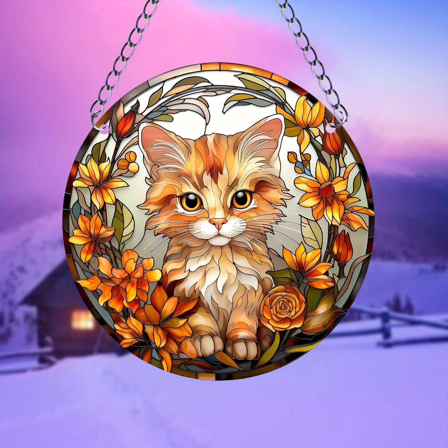 Orange Cat Suncatcher Acrylic Art – Round Hanging Plaque for Festival Decoration, Window, Yard, & Home Wall Décor.