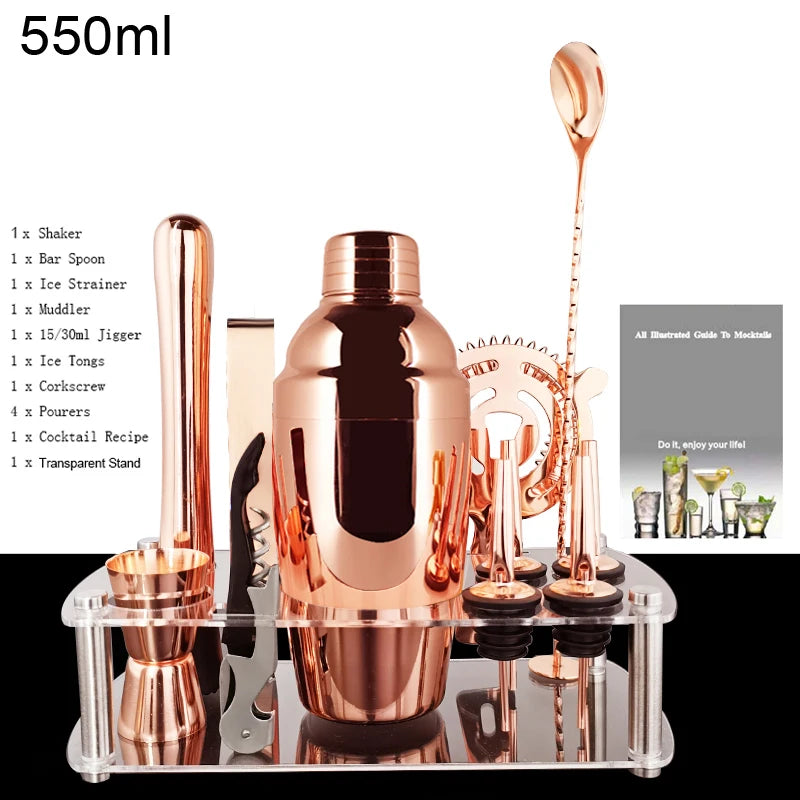 12pcs Black/Rose Gold/Silver 800/750/600ml Boston Shakers Bartender Kit Cocktail Shaker Set Bar Tools Stand Cocktail Recipe