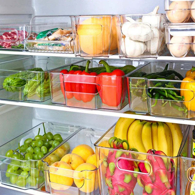 Stackable Refrigerator Organizer Bin – Clear Plastic Food Storage with Handle, Space-Saving Pantry & Freezer Organizer.