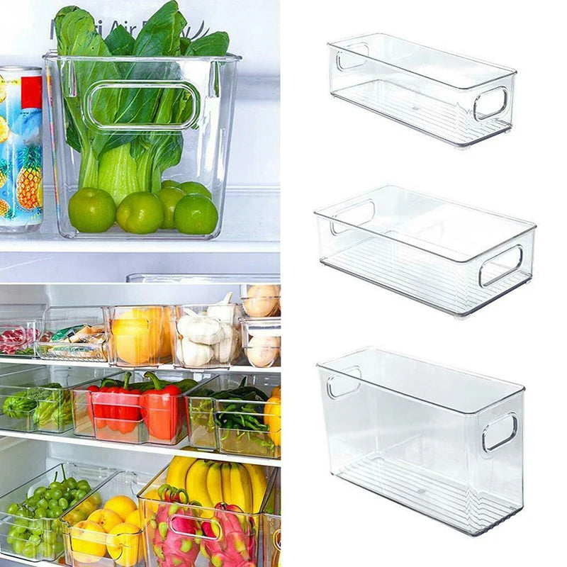 Stackable Refrigerator Organizer Bin – Clear Plastic Food Storage with Handle, Space-Saving Pantry & Freezer Organizer.