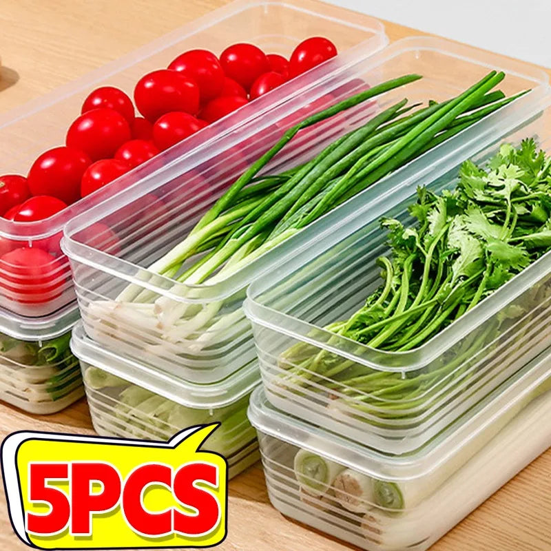 Airtight Refrigerator Storage Boxes – Keep Scallions, Fruits & Food Fresh, Sealed Organizers with Lid, Set of 1/5.