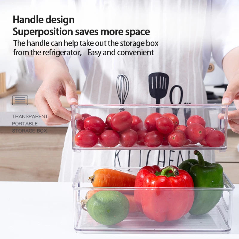 Stackable Refrigerator Organizer Bin – Clear Plastic Food Storage with Handle, Space-Saving Pantry & Freezer Organizer.