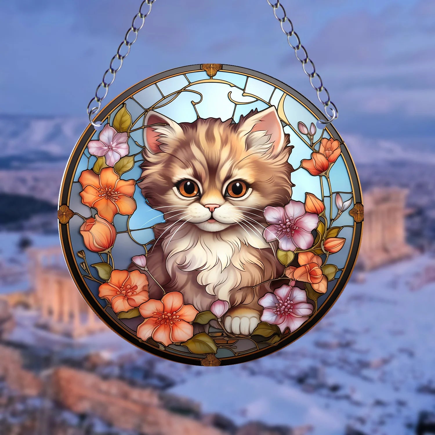 Orange Cat Suncatcher Acrylic Art – Round Hanging Plaque for Festival Decoration, Window, Yard, & Home Wall Décor.