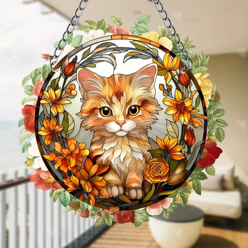 Orange Cat Suncatcher Acrylic Art – Round Hanging Plaque for Festival Decoration, Window, Yard, & Home Wall Décor.