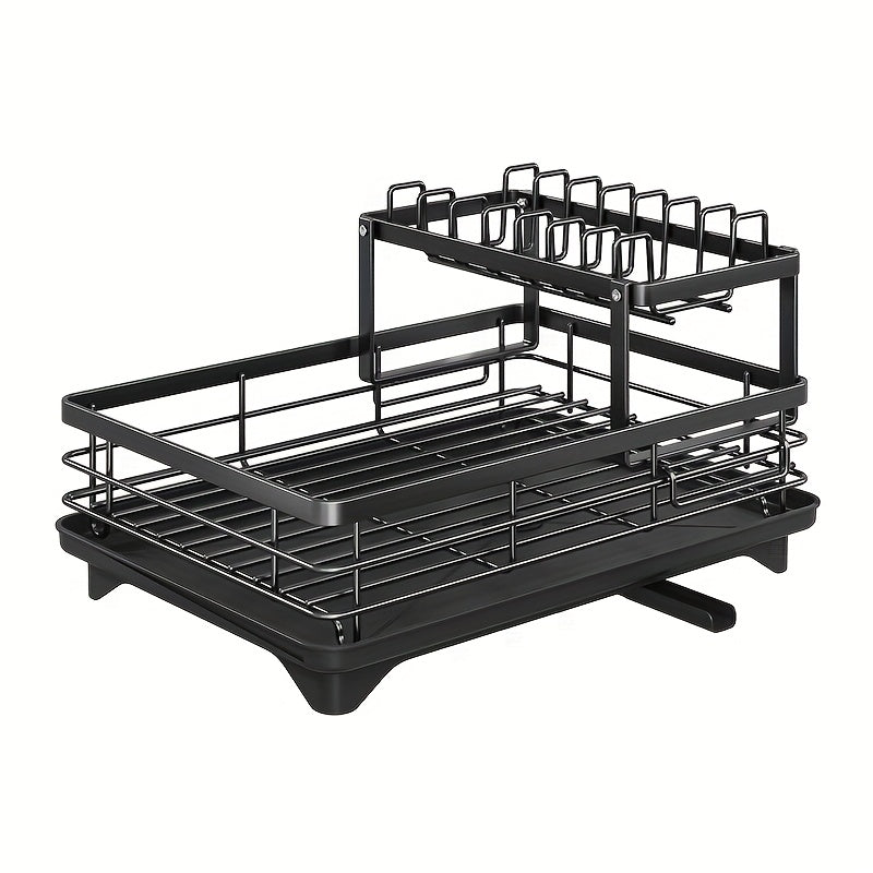 1pc Modern Two-Tier Metal Dish Rack with Drainboard - Detachable Upper Shelf, Stackable Kitchen Countertop Organizer for Plates, Cups & Utensils, Black Carbon Steel with Golden Accents, Space-Saving Design, Shelves