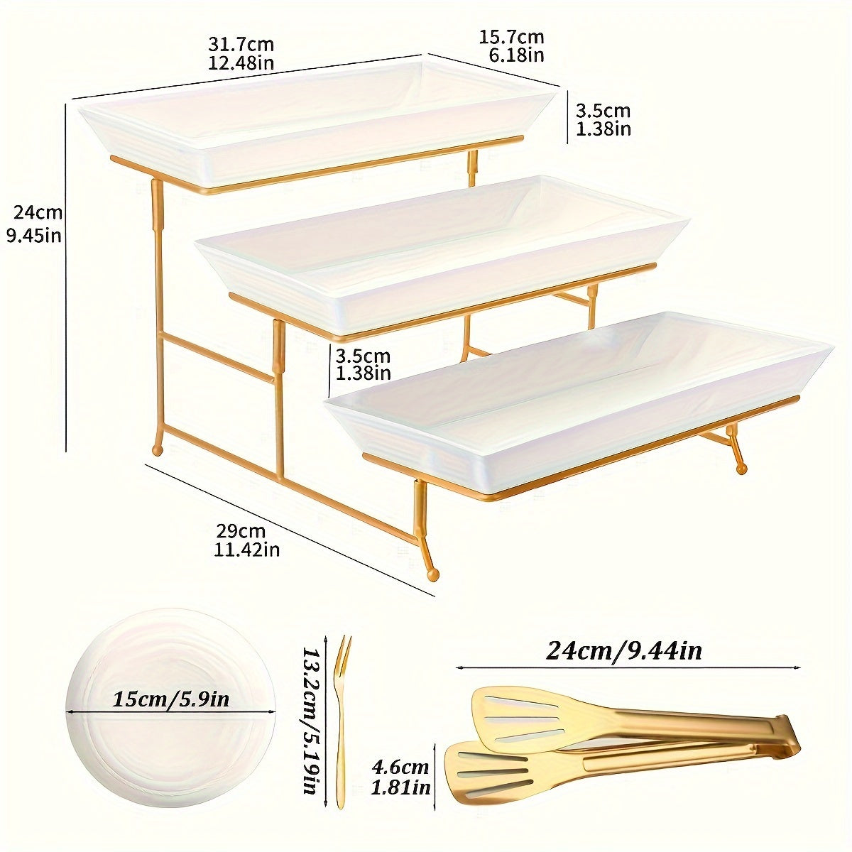 Elegant 3-Tier Metal Stand with PP Plates & Rectangular Bowls - Perfect for Fruits, Desserts, Appetizers & Cakes - Ideal for Parties & Home Use