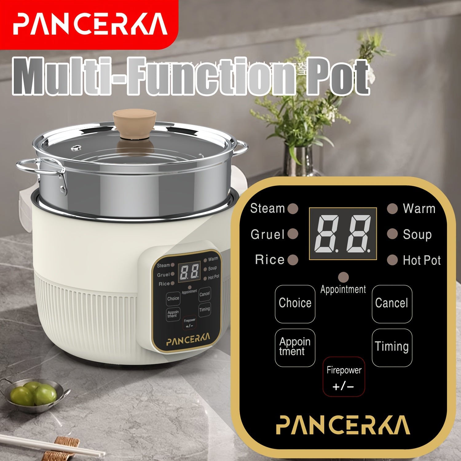 PANCERKA 1.0L Mini Electric Cooking Pot with Steamer, Multifunctional Hot Pot, Non-Stick Layer Smart Model, with 220-240V European Standard Plug, for Household Use