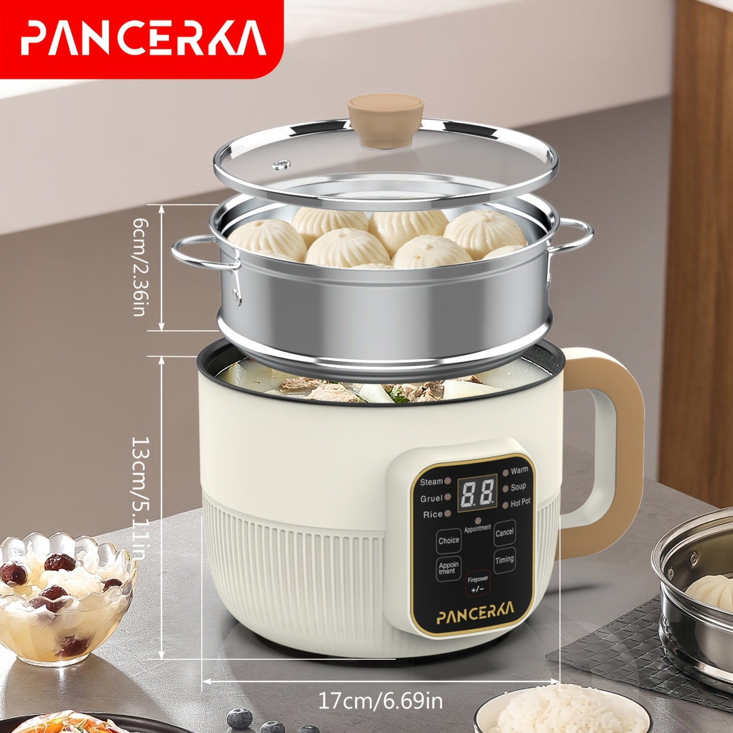 PANCERKA 1.0L Mini Electric Cooking Pot with Steamer, Multifunctional Hot Pot, Non-Stick Layer Smart Model, with 220-240V European Standard Plug, for Household Use