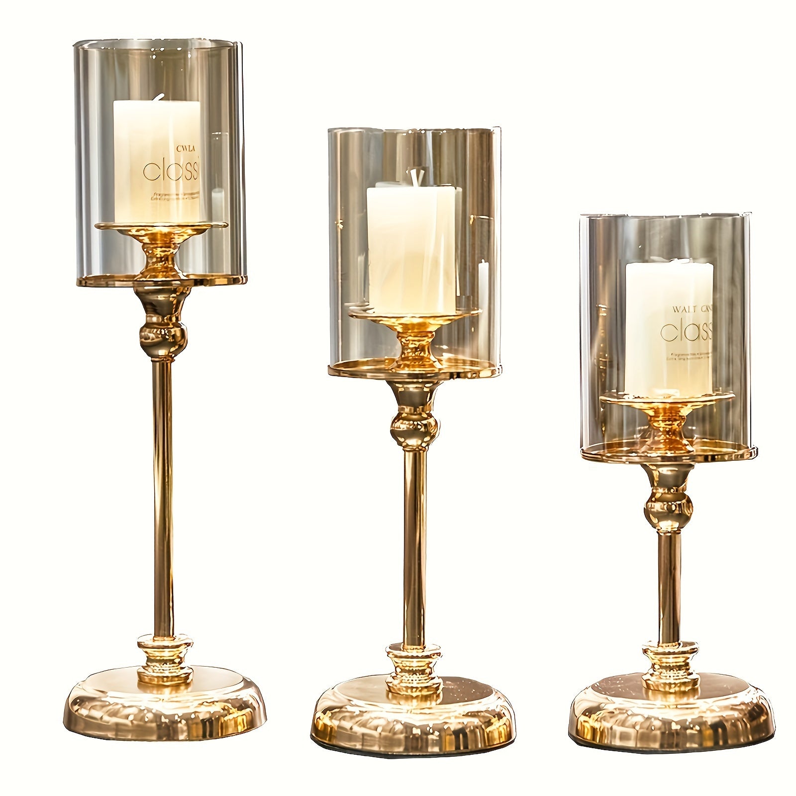 3pcs Set of Elegant Golden Metal Glass Candlesticks - Stainless Steel, Romantic Dinner and Home Decoration Table Design