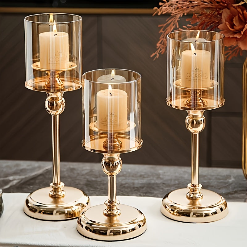 3pcs Set of Elegant Golden Metal Glass Candlesticks - Stainless Steel, Romantic Dinner and Home Decoration Table Design