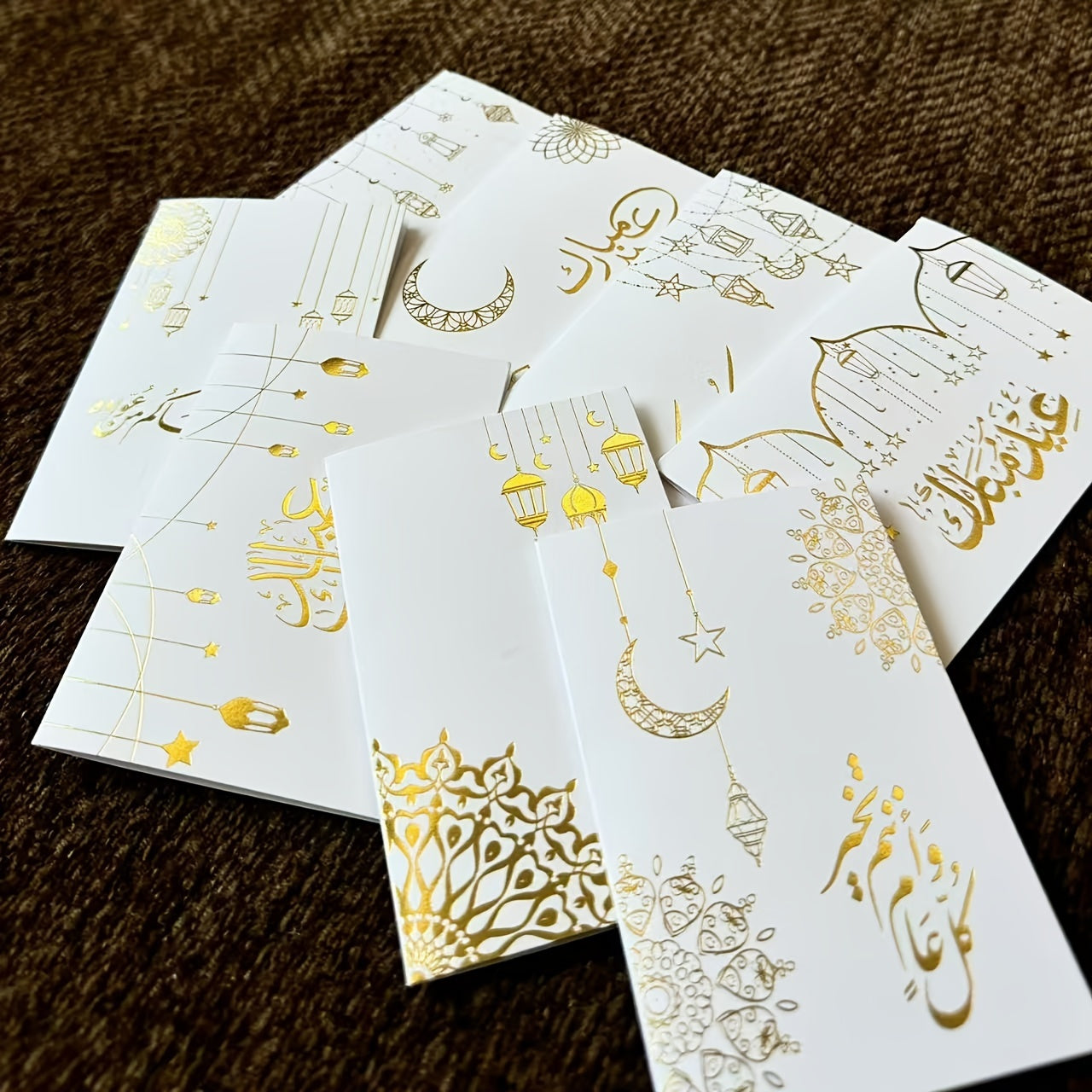 Eid Greeting Cards Pack of 8 with Envelopes - 300gsm Golden Foil Embossed Islamic Designs, Religious Themed Stripe Pattern Paper Cards for Ramadan, Eid Gift and Celebration - Universal Recipient