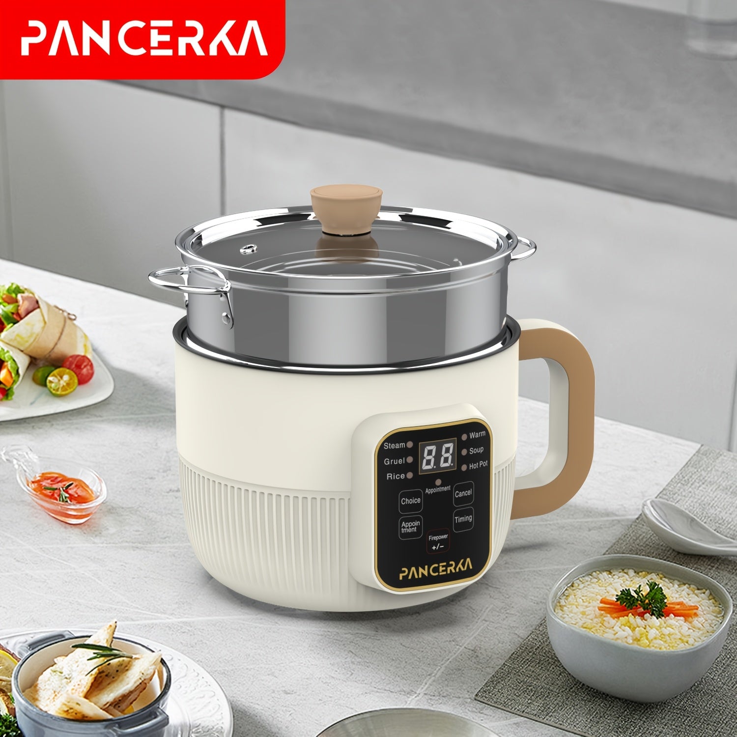 PANCERKA 1.0L Mini Electric Cooking Pot with Steamer, Multifunctional Hot Pot, Non-Stick Layer Smart Model, with 220-240V European Standard Plug, for Household Use