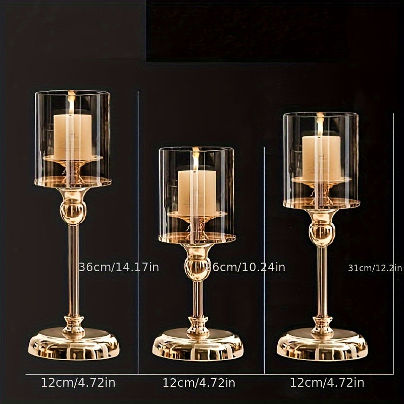 3pcs Set of Elegant Golden Metal Glass Candlesticks - Stainless Steel, Romantic Dinner and Home Decoration Table Design