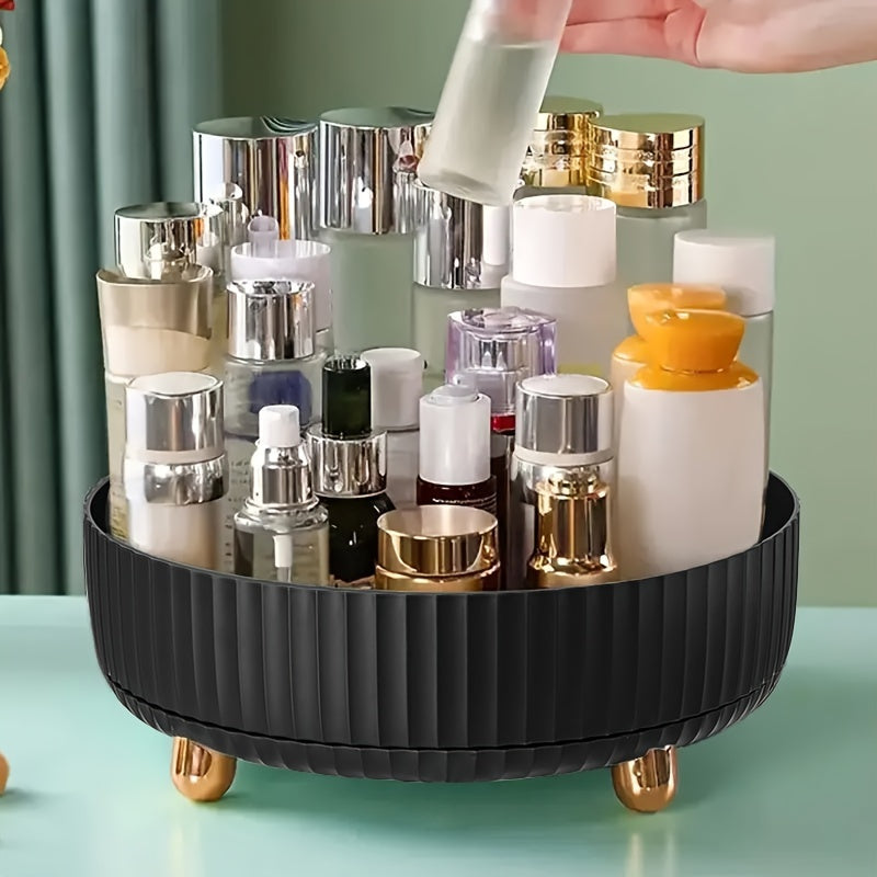 1pc Large Capacity 360-Degree Rotating Makeup & Perfume Organizer - Sleek Black Vanity Storage Tray with Golden Accents, Ribbed Edge Design for Stability, No Assembly Required,, Vanity Tray