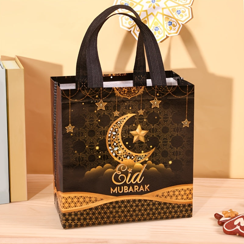 4/8pcs Eid Mubarak Tote Bags with Handles, Black Golden Star Moon Design Ramadan Kareem Reusable Gift Bag Grocery Shopping Bag Non-Woven Bags, Ramadan Decorations 2025 for Islamic Muslim Party Supplies Eid Al-Fitr Eid Al Adha