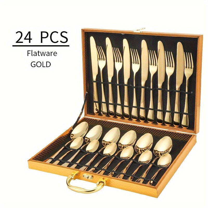 1010 Plus Wood Box 24pcs Elegant Stainless Steel Black Flatware Set, Classic 24pcs Knife, Fork and Spoon Gift Set, Mirror Polish 6 People Gold Cutlery with Wooden Box Packaging, Dishwasher Safe, Ideal for Weddings, Parties, R