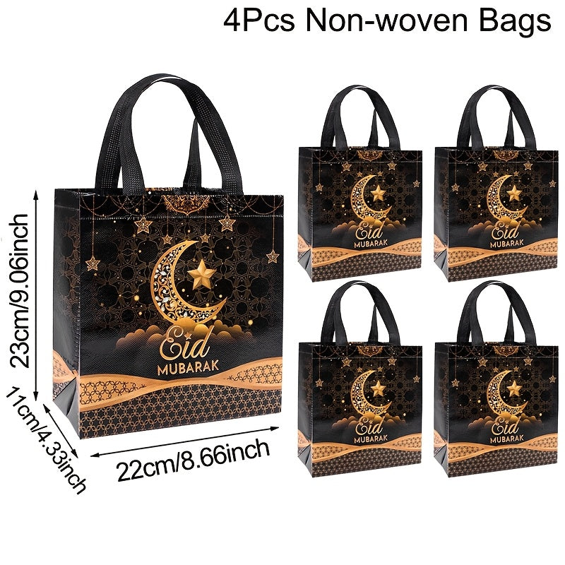 4/8pcs Eid Mubarak Tote Bags with Handles, Black Golden Star Moon Design Ramadan Kareem Reusable Gift Bag Grocery Shopping Bag Non-Woven Bags, Ramadan Decorations 2025 for Islamic Muslim Party Supplies Eid Al-Fitr Eid Al Adha