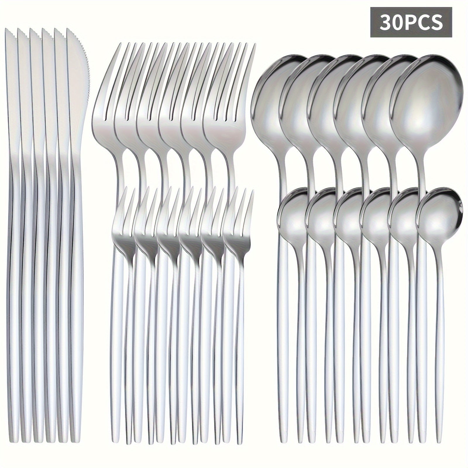 30pcs, Stainless Steel Cutlery Set - Knife Fork Spoon Tableware Durable And Dishwasher Safe - Mirror Polished Includes Fork, Knife, Spoon