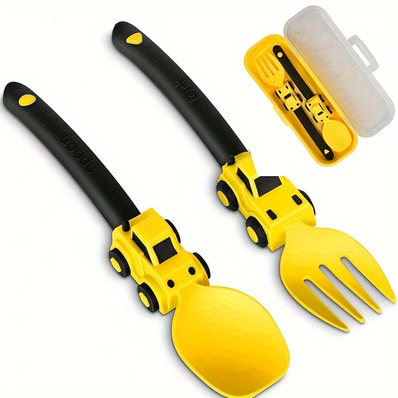 1pc, Kids Utensil Set With Fork And Spoon, Engineering Vehicle Theme, PP Material, Portable Anti-Bacterial Design, Soft Grip, Dishwasher Safe, Comes With Storage Box, Ideal For Home And Travel Use