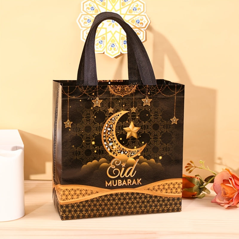 4/8pcs Eid Mubarak Tote Bags with Handles, Black Golden Star Moon Design Ramadan Kareem Reusable Gift Bag Grocery Shopping Bag Non-Woven Bags, Ramadan Decorations 2025 for Islamic Muslim Party Supplies Eid Al-Fitr Eid Al Adha