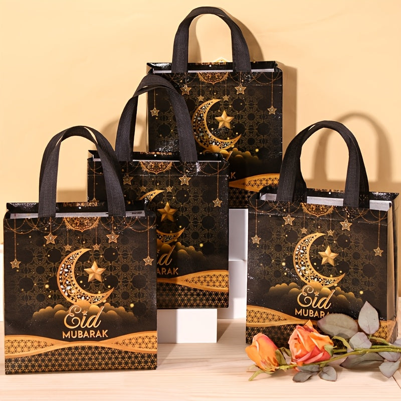 4/8pcs Eid Mubarak Tote Bags with Handles, Black Golden Star Moon Design Ramadan Kareem Reusable Gift Bag Grocery Shopping Bag Non-Woven Bags, Ramadan Decorations 2025 for Islamic Muslim Party Supplies Eid Al-Fitr Eid Al Adha