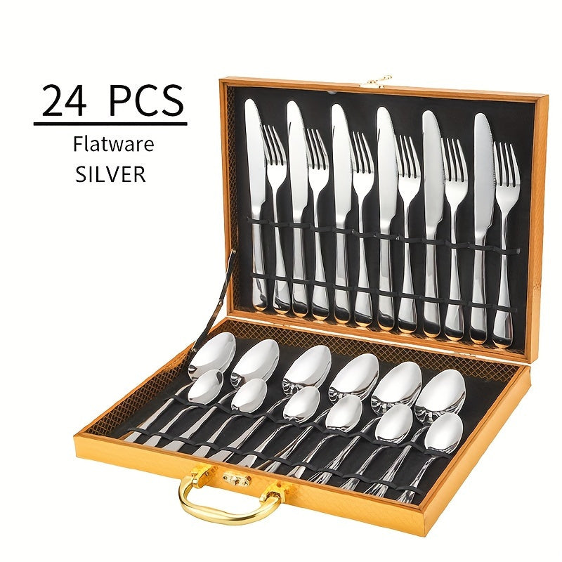 1010 Plus Wood Box 24pcs Elegant Stainless Steel Black Flatware Set, Classic 24pcs Knife, Fork and Spoon Gift Set, Mirror Polish 6 People Gold Cutlery with Wooden Box Packaging, Dishwasher Safe, Ideal for Weddings, Parties, R