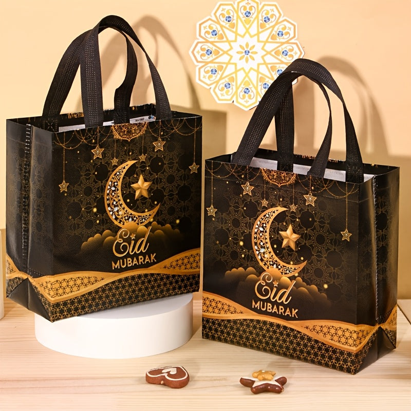 4/8pcs Eid Mubarak Tote Bags with Handles, Black Golden Star Moon Design Ramadan Kareem Reusable Gift Bag Grocery Shopping Bag Non-Woven Bags, Ramadan Decorations 2025 for Islamic Muslim Party Supplies Eid Al-Fitr Eid Al Adha