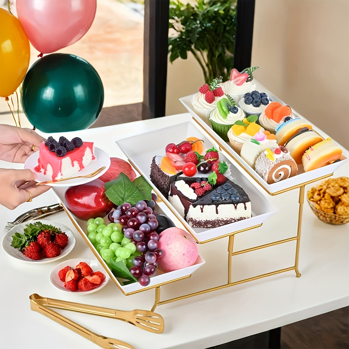 Elegant 3-Tier Metal Stand with PP Plates & Rectangular Bowls - Perfect for Fruits, Desserts, Appetizers & Cakes - Ideal for Parties & Home Use