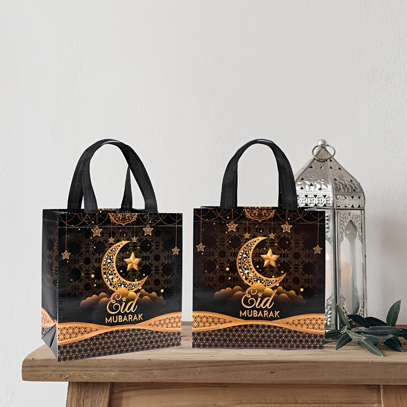 4/8pcs Eid Mubarak Tote Bags with Handles, Black Golden Star Moon Design Ramadan Kareem Reusable Gift Bag Grocery Shopping Bag Non-Woven Bags, Ramadan Decorations 2025 for Islamic Muslim Party Supplies Eid Al-Fitr Eid Al Adha