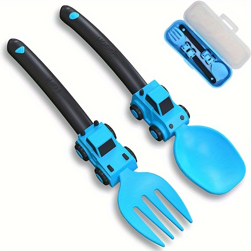 1pc, Kids Utensil Set With Fork And Spoon, Engineering Vehicle Theme, PP Material, Portable Anti-Bacterial Design, Soft Grip, Dishwasher Safe, Comes With Storage Box, Ideal For Home And Travel Use