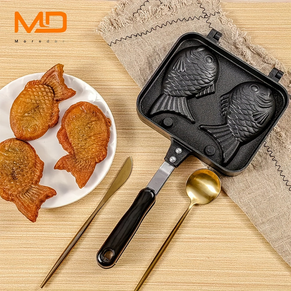 1pc MOREDOR Fish-Shaped Nonstick Aluminum Taiyaki Maker, Double-Sided Baking Mold with Handle for Home Grill, Metal Frying Pan, MOREDOR