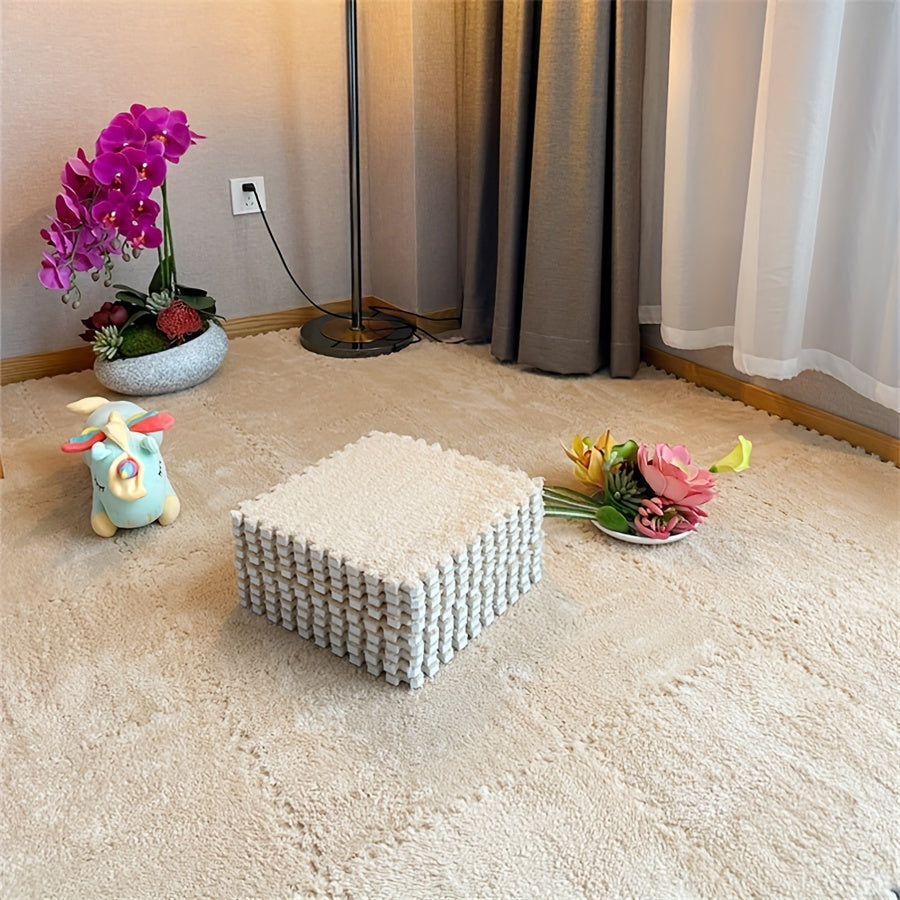 12pcs Set of Thick Bedroom Living Room Full Coverage Interlocking Carpet Tiles, Warm Room Bedside Rug, Washable Soft Non-Slip Mats, 29.97x29.97 cm - Polyester & EVA Material, Machine-Made, Hand-Wash Only