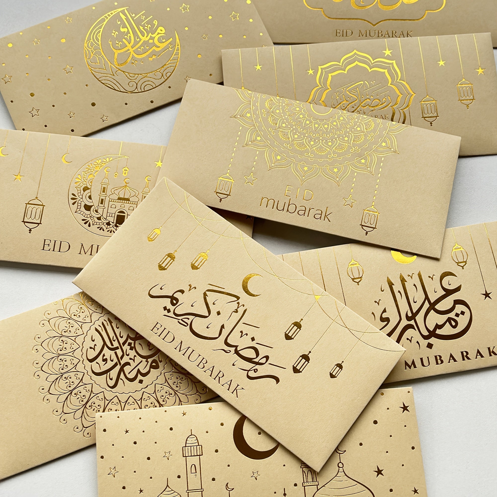 New 9/18pcs Eid Envelopes Super Thick Kraft Paper Cash Gift Money Bags with Hot Stamping Gift Card Envelopes for Eid Mubarak and Ramadan